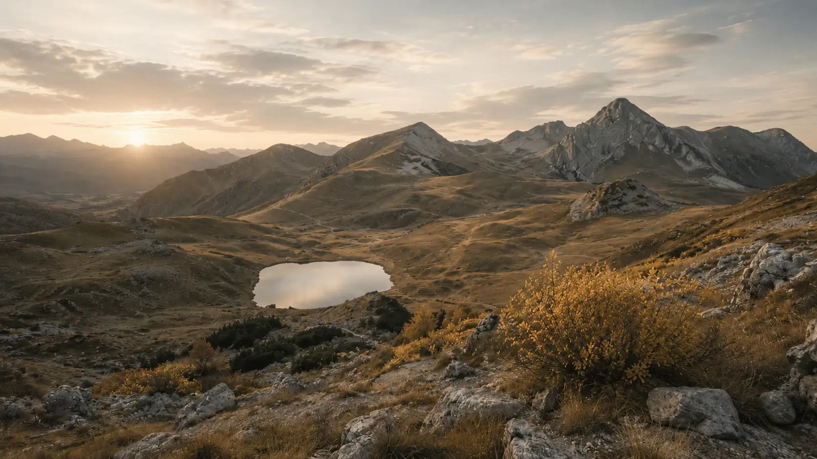 Weite Berglandschaft mit Bergsee bei Sonnenuntergang – Sinnbild für Weitblick und Orientierung in der Führung